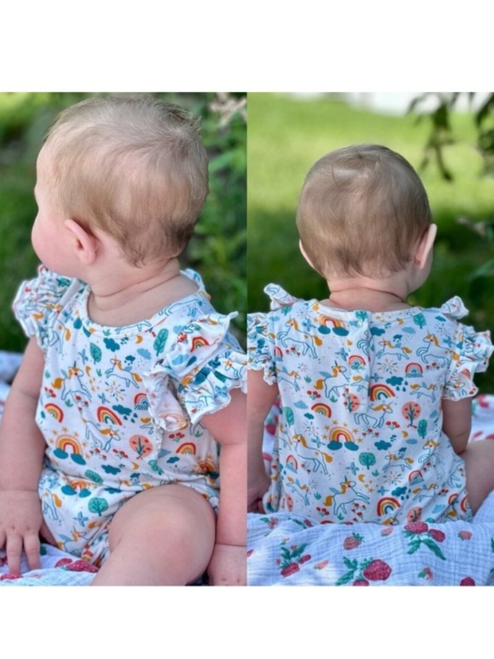 Larkspur | Bamboo Unicorn Rainbow Ruffle Shorty Romper | Size 12-18 Months